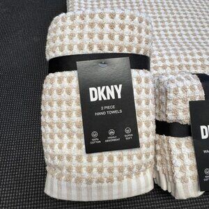 2 Pc. DKNY Monet Tile Beige White Squares Dots Stripes Hand Towel Towels Gingham